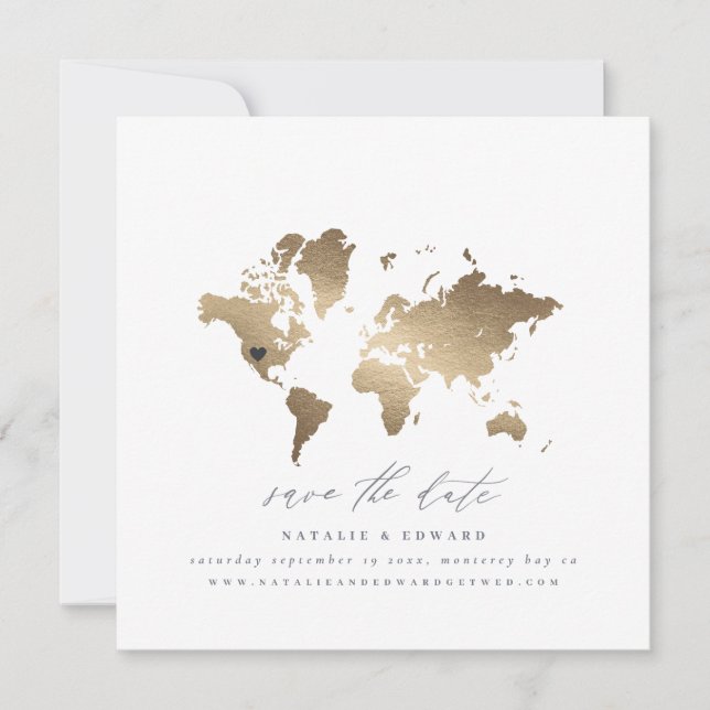 Gold watercolor world map wedding announcement (Front)