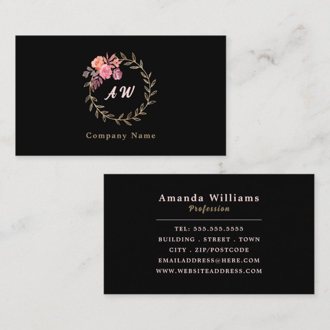 Gold Watercolor Wreath, Floral Business Card (Front/Back)