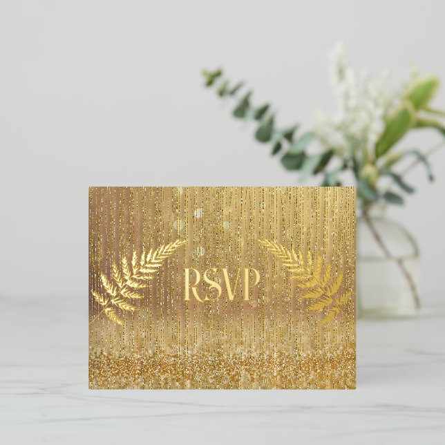 Gold Waterfall Curtain RSVP  Foil Invitation Postcard (Standing Front)