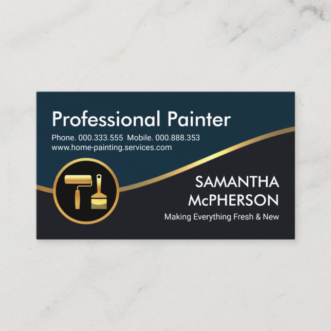 Gold Wave Blue Grey Layers Painter Business Card (Front)