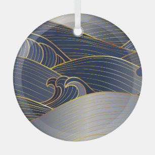 Gold Wave Lines, Abstract Vintage. Glass Ornament