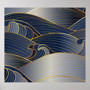 Gold Wave Lines, Abstract Vintage. Poster
