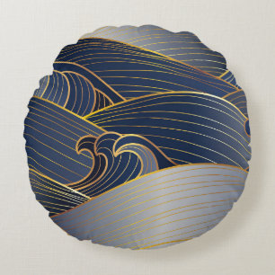 Gold Wave Lines, Abstract Vintage. Round Pillow