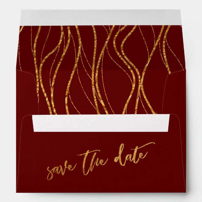 Gold Waves Burgundy Red Handwriting Save the Date Envelope (Back (Bottom))