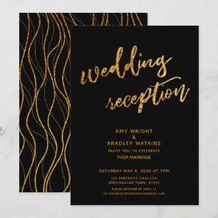 Gold Waves & Handwriting Black Wedding Reception Invitation