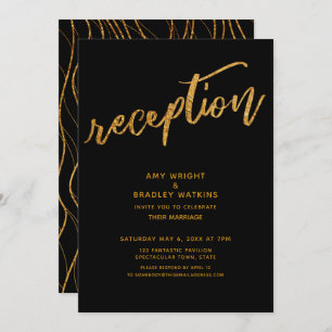 Gold Waves & Handwriting Black Wedding Reception Invitation