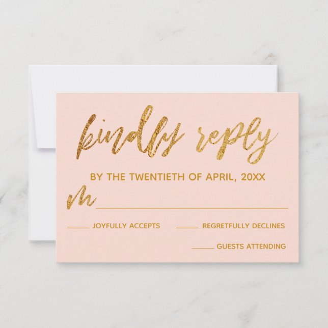 Gold Waves Handwriting Blush Pink Kindly Reply RSVP Card (Front)