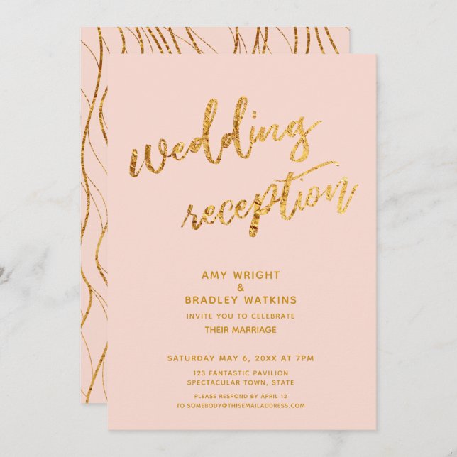 Gold Waves & Handwriting Blush Wedding Reception Invitation (Front/Back)