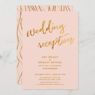 Gold Waves & Handwriting Blush Wedding Reception Invitation