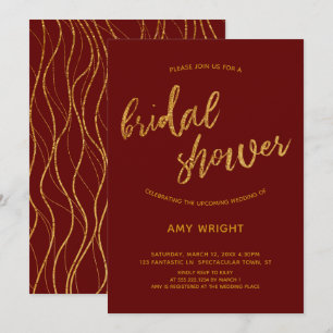 Gold Waves Handwriting Burgundy Red Bridal Shower Invitation