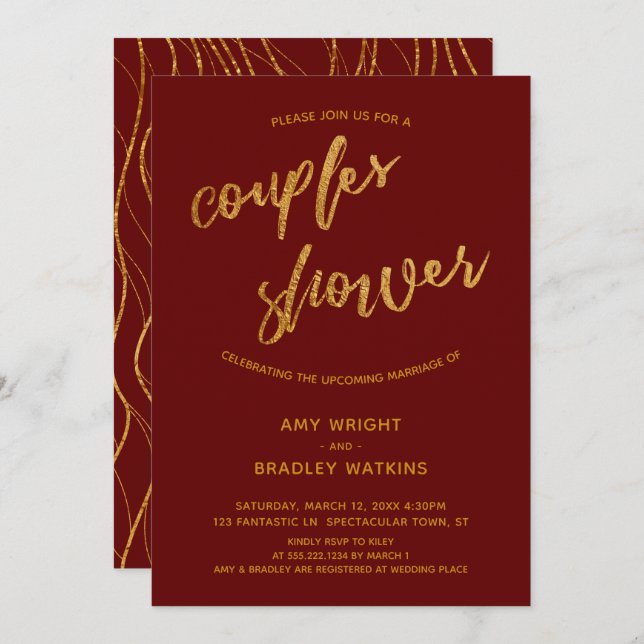 Gold Waves Handwriting Burgundy Red Couples Shower Invitation (Front/Back)
