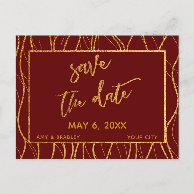 Gold Waves Handwriting Burgundy Red Save the Date Announcement Postcard (Front)