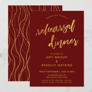 Gold Waves Handwriting Burgundy Rehearsal Dinner Invitation