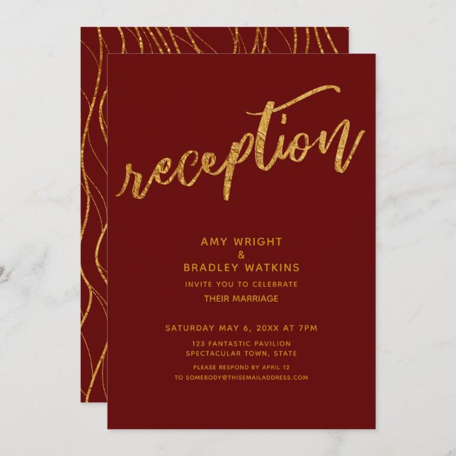 Gold Waves Handwriting Burgundy Wedding Reception Invitation (Front/Back)