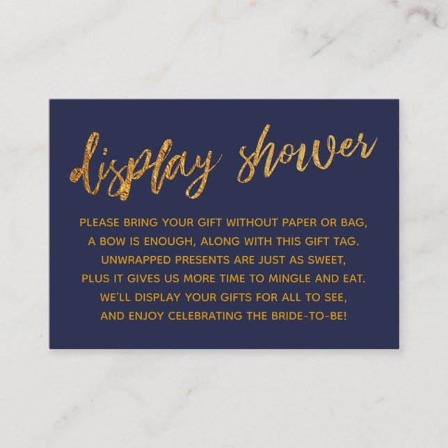 Gold Waves & Handwriting Navy Blue Display Shower Enclosure Card (Front)