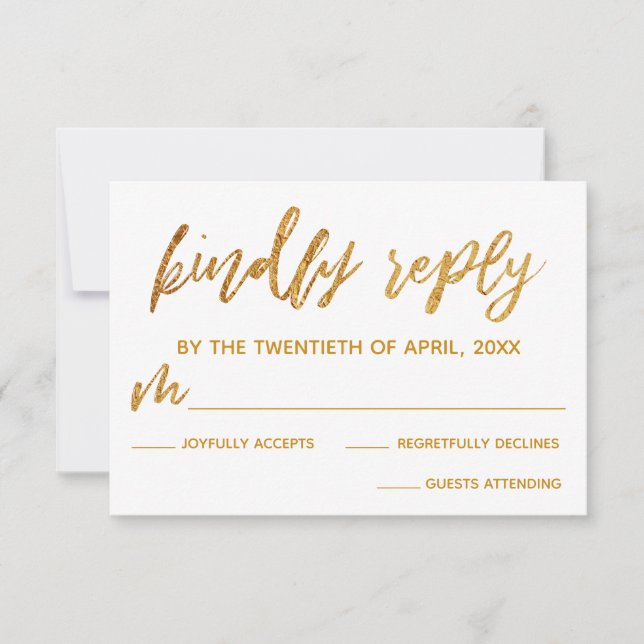 Gold Waves Handwriting White Kindly Reply RSVP Card (Front)