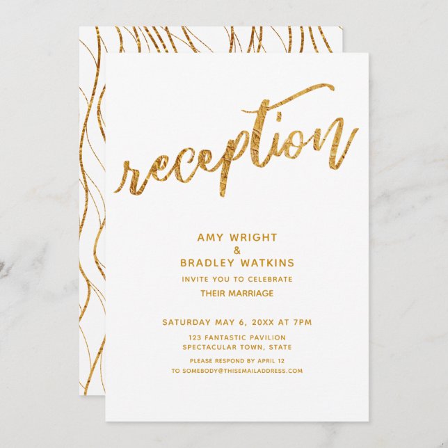 Gold Waves & Handwriting White Wedding Reception Invitation (Front/Back)