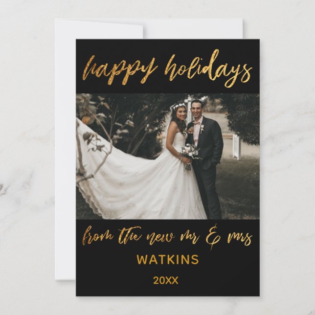 Gold Waves Happy Holidays from New Mr & Mrs Black Holiday Card (Front)