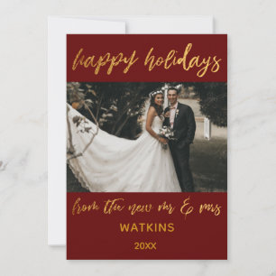 Gold Waves Happy Holidays New Mr & Mrs Burgundy Holiday Card