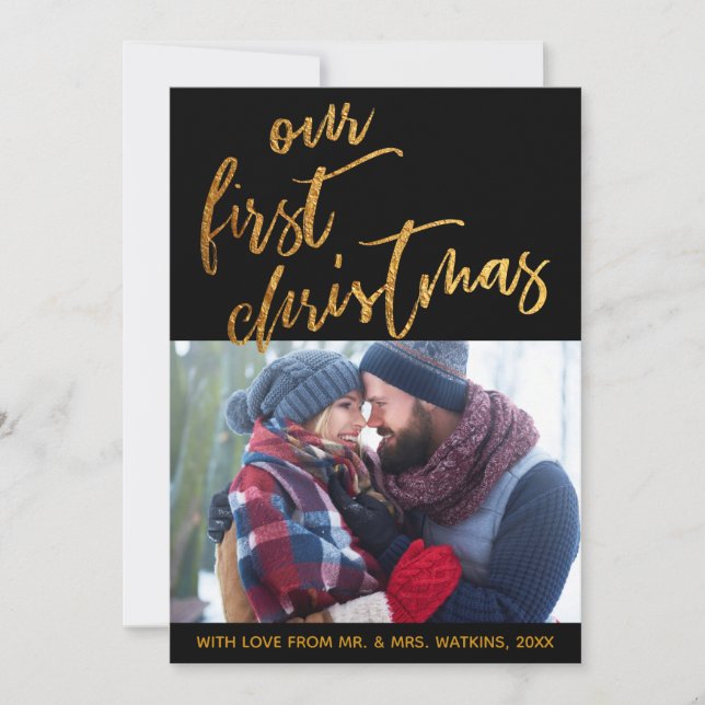 Gold Waves on Black Our First Christmas, Photo Holiday Card (Front)