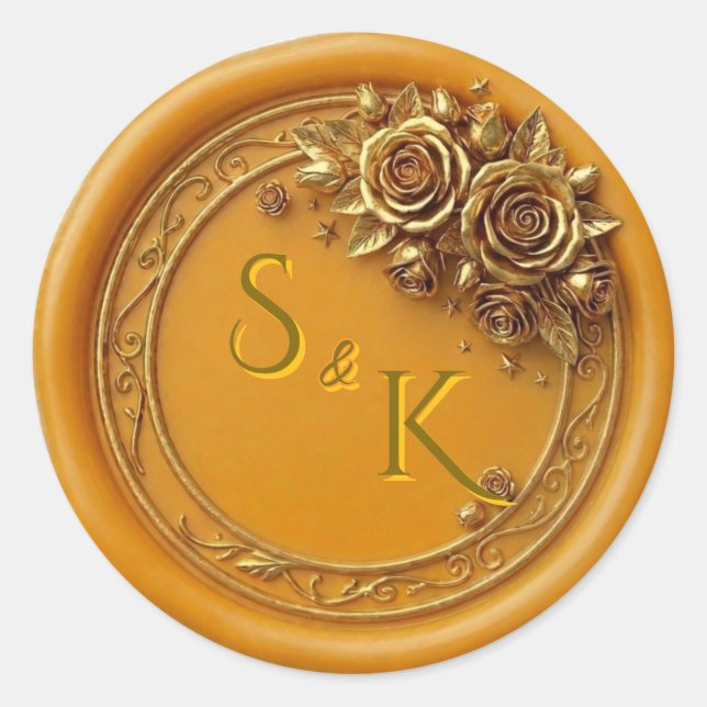 Gold Wax Seal Rose Wedding Monogram Sticker (Front)
