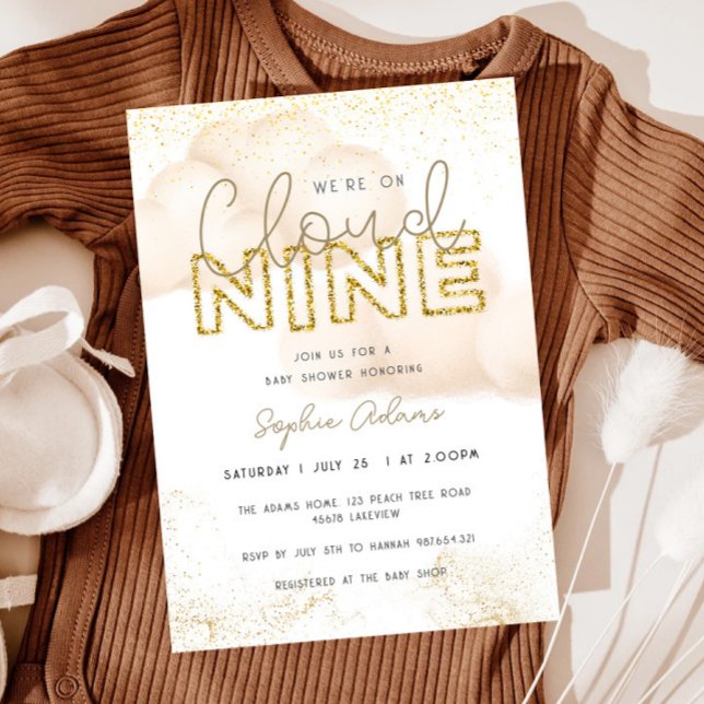Gold We Are On Cloud Nine Neutral Baby Shower Invitation (Creator Uploaded)