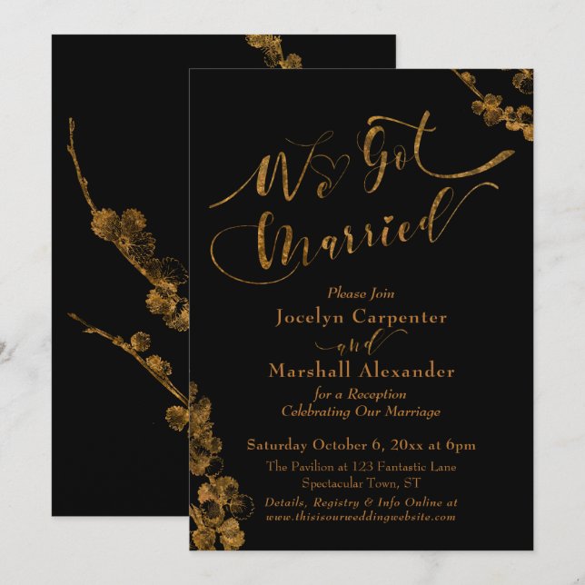 Gold We Got Married with Botanicals on Black Invitation (Front/Back)