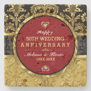 Gold Wedding Anniversary Red Black & Gold Stone Coaster