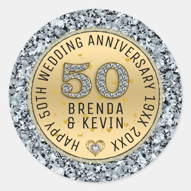 Gold wedding anniversary white diamonds and gold classic round sticker (Front)