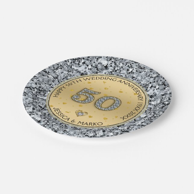 Gold wedding anniversary White diamonds & gold Paper Plate (Angled)