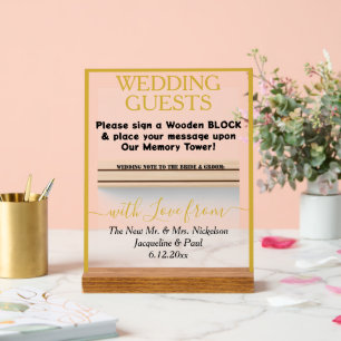 Gold Wedding Book Wooden Block Names  Acrylic Sign