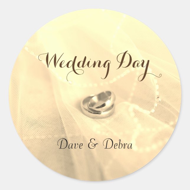 Gold Wedding Day with wedding rings  Classic Round Sticker (Front)