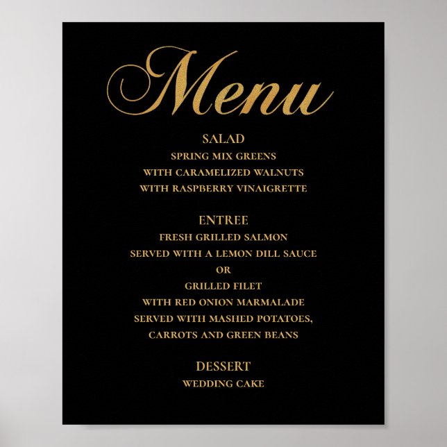 Gold wedding dinner menu. Black elegant simple Poster (Front)