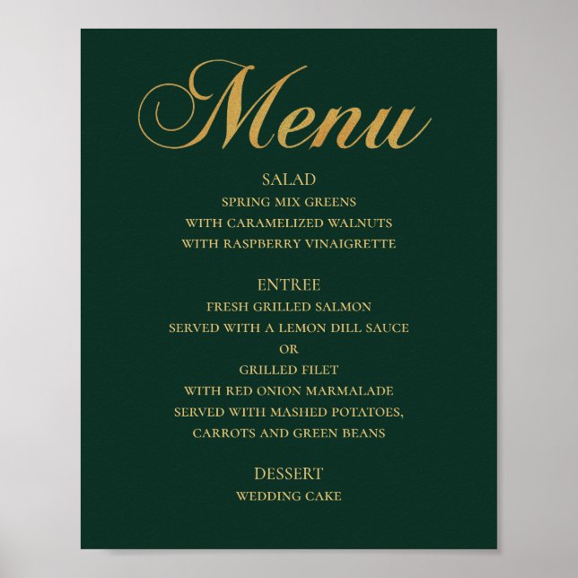 Gold wedding dinner menu. Green elegant simple Poster (Front)