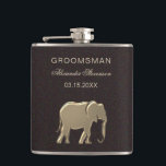 Gold Wedding Favour Hip Flask<br><div class="desc">Stylish brown tuxedo in combination with elegant, unique gold foil silhouette of elephant - symbol of love, fertility and good luck. Classy, sophisticated, simple, unique flask for groomsman, with custom monogram - name at the top. All graphic elements are free for change, move or remove - enjoy and make your...</div>