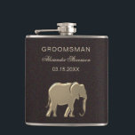 Gold Wedding Favour Hip Flask<br><div class="desc">Stylish brown tuxedo in combination with elegant, unique gold foil silhouette of elephant - symbol of love, fertility and good luck. Classy, sophisticated, simple, unique flask for groomsman, with custom monogram - name at the top. All graphic elements are free for change, move or remove - enjoy and make your...</div>