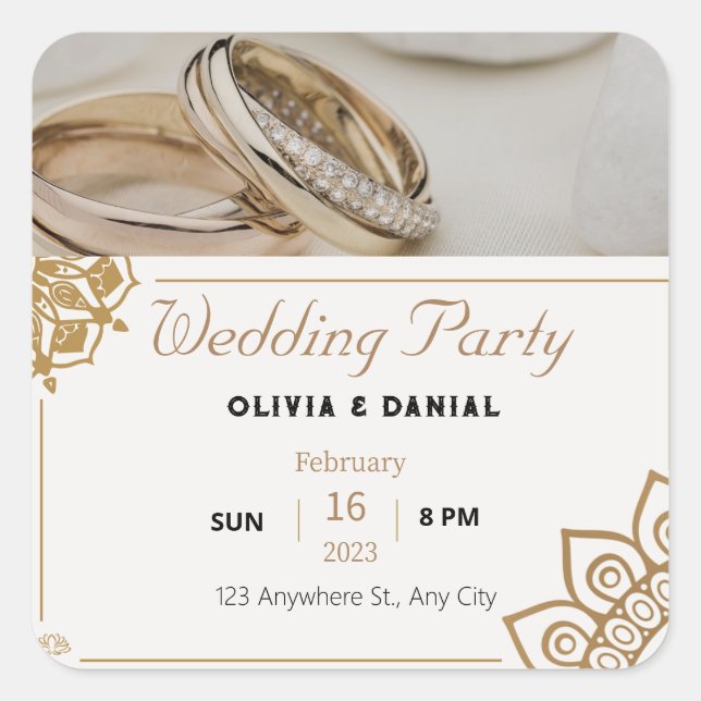 Gold Wedding Foil with rings Wedding invitation Square Sticker (Front)