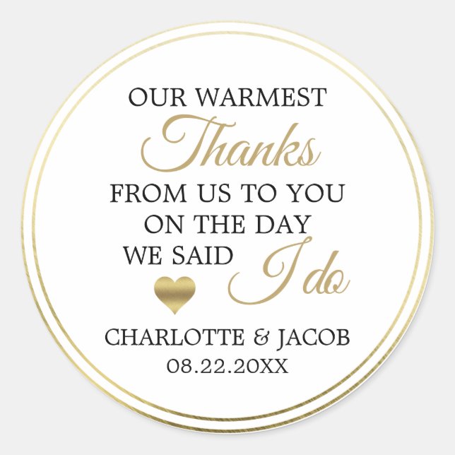 GOLD Wedding Heart Warmest Thanks | Thank You Classic Round Sticker (Front)