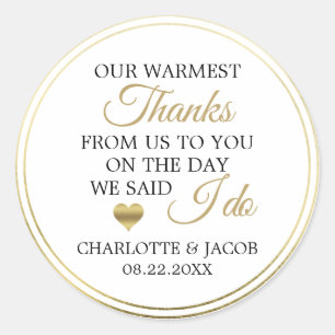 GOLD Wedding Heart Warmest Thanks   Thank You Classic Round Sticker