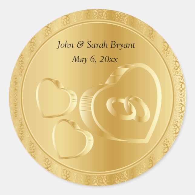 Gold Wedding Hearts and Rings Classic Round Sticker (Front)