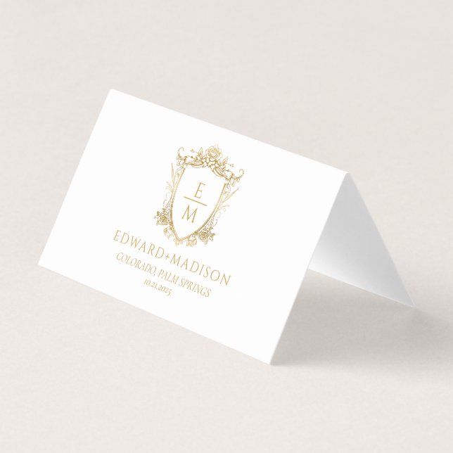 Gold Wedding Initials & Wedding Floral Crest  Business Card (Front)