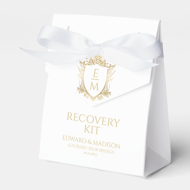 Gold Wedding Initials & Wedding Floral Crest  Favor Box (Front Side)