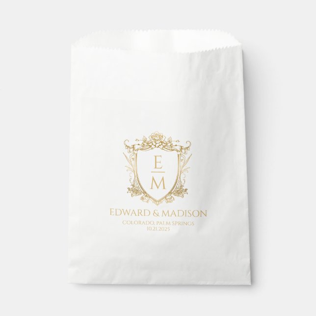Gold Wedding Initials & Wedding Floral Crest  Favour Bag (Front)