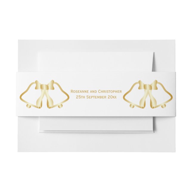 Gold Wedding Invitation Belly Band Bells Ribbon (Front Example)