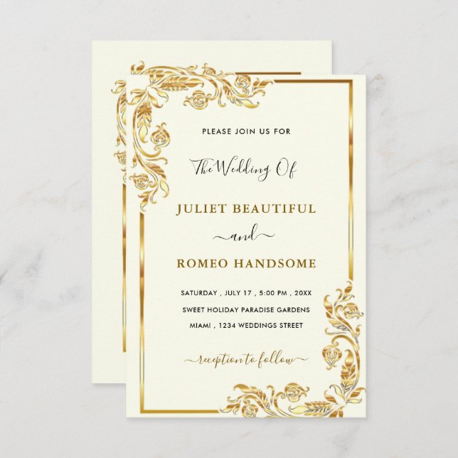 Gold Wedding Invitation Framed Golden Leaves (Front/Back)