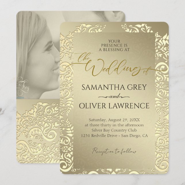 Gold Wedding Invitation with Monogram & Photo (Front/Back)