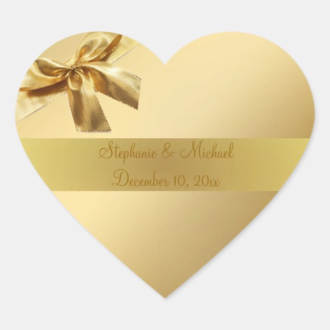Gold Wedding Love Heart Sticker With Bow (Front)