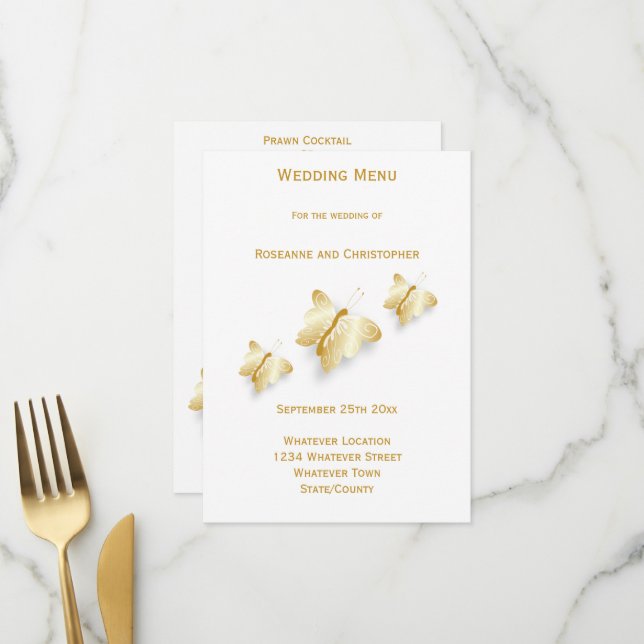Gold Wedding Menu Butterflies Design (Front/Back In Situ)