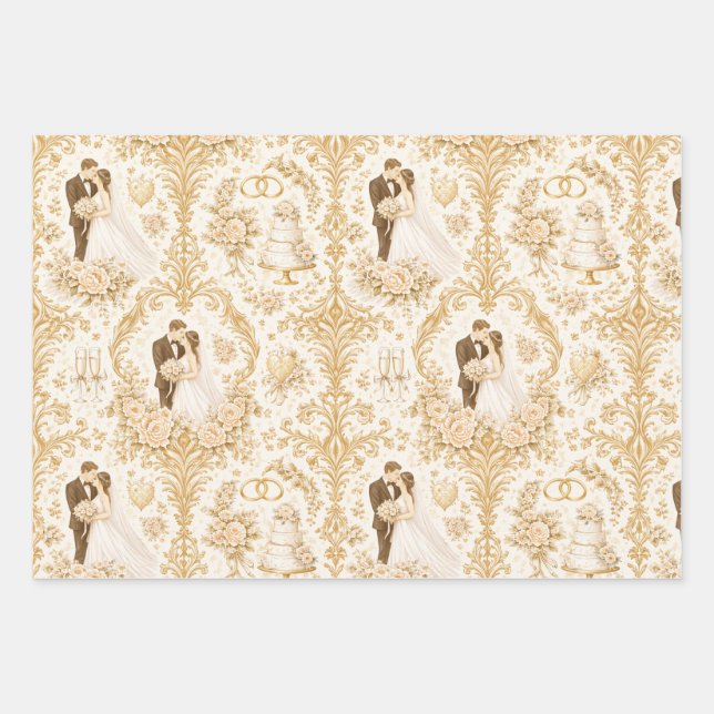 Gold Wedding Pattern Wrapping Paper Sheet (Front)