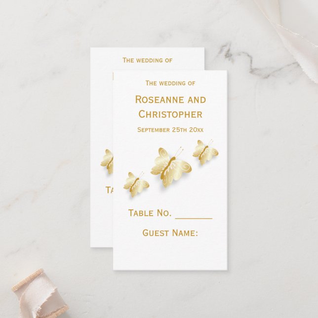 Gold Wedding Place Setting Card Butterflies Design (Front/Back In Situ)